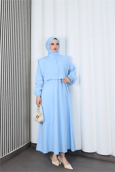 Bolerolu Beli Lastikli Tesettür Elbise Bebe Mavisi    HNT011