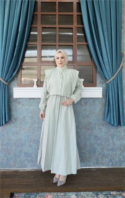 Bolerolu Beli Lastikli Tesettür Elbise Mint   HNT011