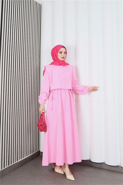 Bolerolu Beli Lastikli Tesettür Elbise Pembe   HNT011