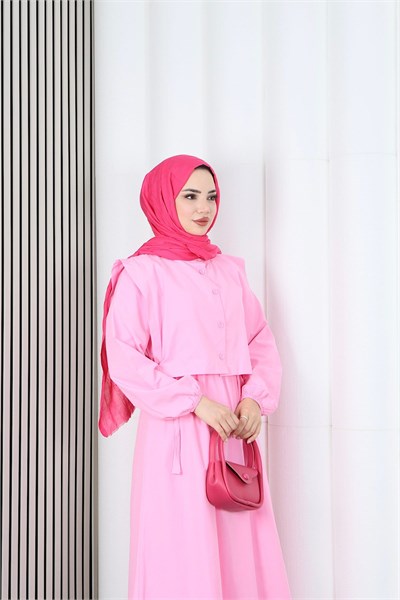 Bolerolu Beli Lastikli Tesettür Elbise Pembe   HNT011