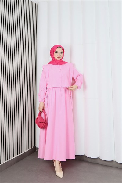 Bolerolu Beli Lastikli Tesettür Elbise Pembe   HNT011