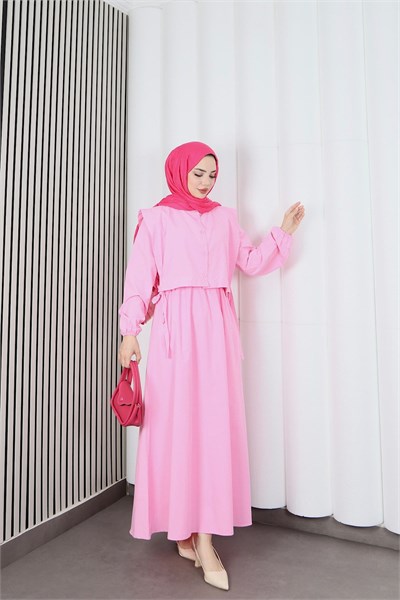 Bolerolu Beli Lastikli Tesettür Elbise Pembe   HNT011