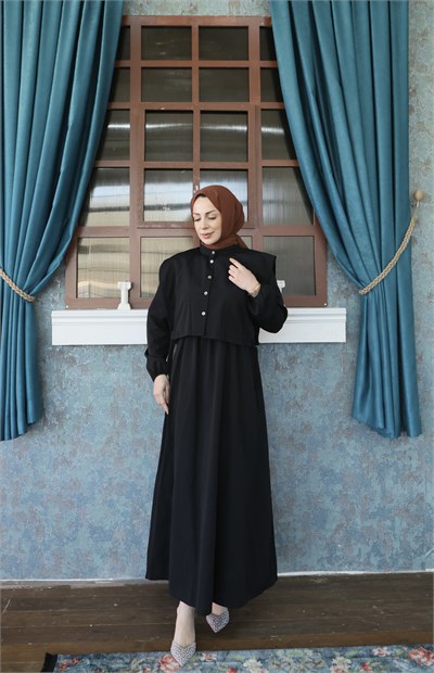 Bolerolu Beli Lastikli Tesettür Elbise Siyah HNT011