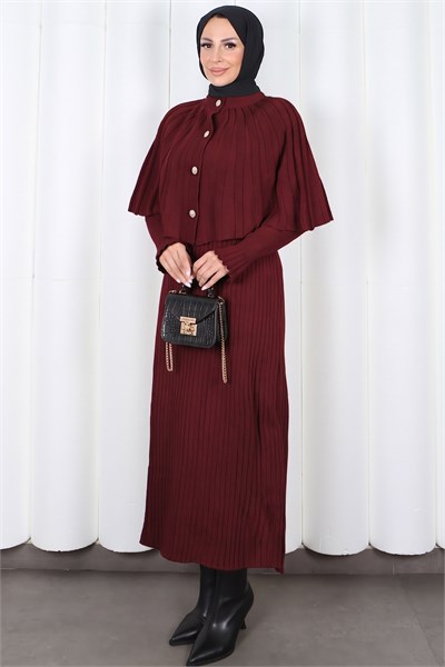 Bolerolu Düğmeli Triko Elbise Bordo  HNT2814
