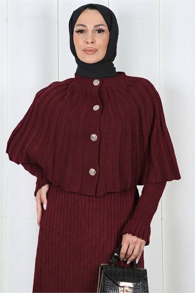 Bolerolu Düğmeli Triko Elbise Bordo  HNT2814