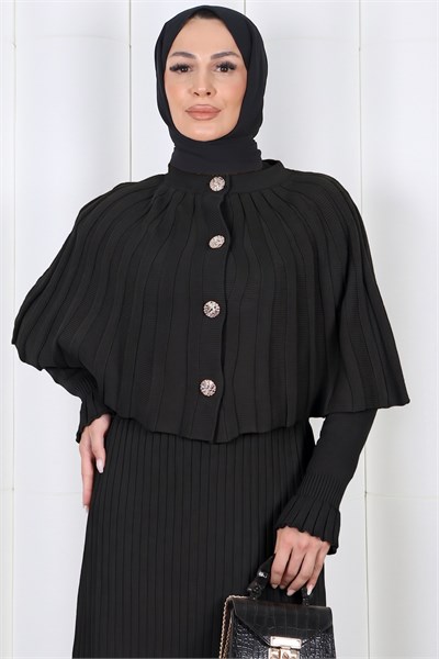 Bolerolu Düğmeli Triko Elbise Siyah HNT2814