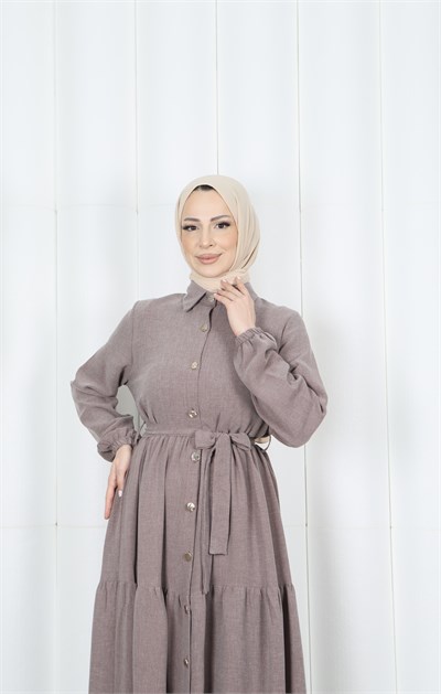Boydan Düğmeli Kuşaklı Katlı Elbise Kahverengi HNT8593
