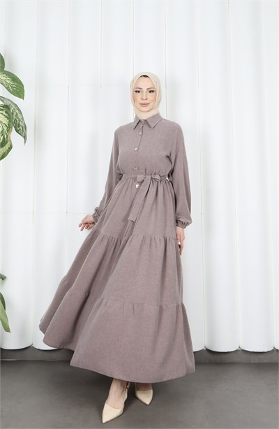 Boydan Düğmeli Kuşaklı Katlı Elbise Kahverengi HNT8593