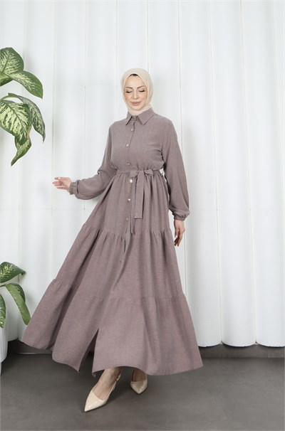 Boydan Düğmeli Kuşaklı Katlı Elbise Kahverengi HNT8593