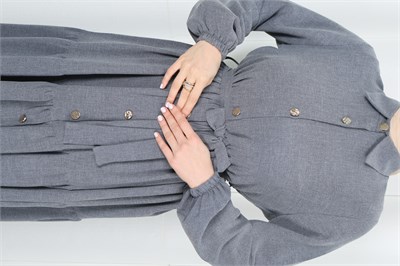 Boydan Düğmeli Kuşaklı Katlı Elbise Koyu  Gri  HNT8593