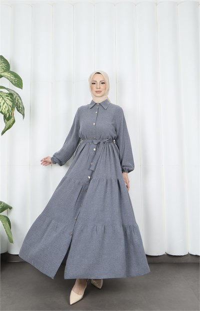 Boydan Düğmeli Kuşaklı Katlı Elbise Koyu  Gri  HNT8593