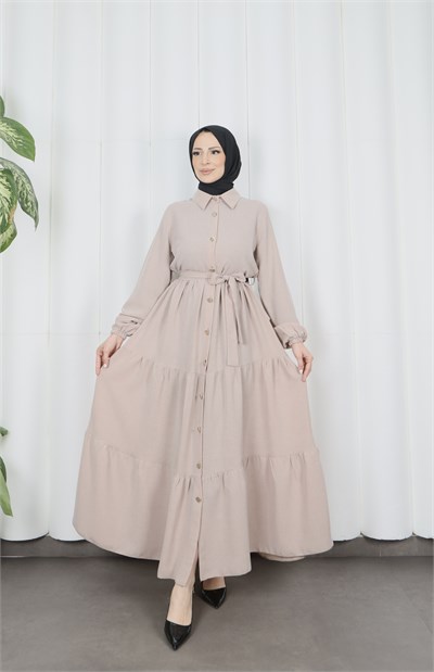 Boydan Düğmeli Kuşaklı Katlı Elbise Krem  HNT8593
