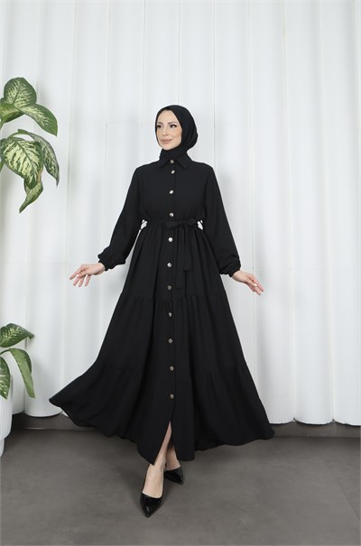 Boydan Düğmeli Kuşaklı Katlı Elbise Siyah HNT8593