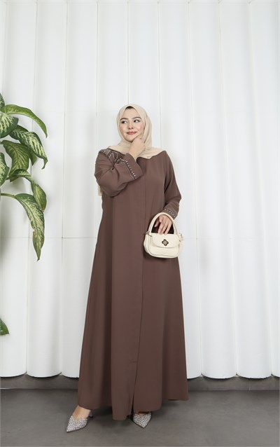 Büyük Beden Omuz Taş İşlemeli  Anne  Elbise Pudra HNT1002