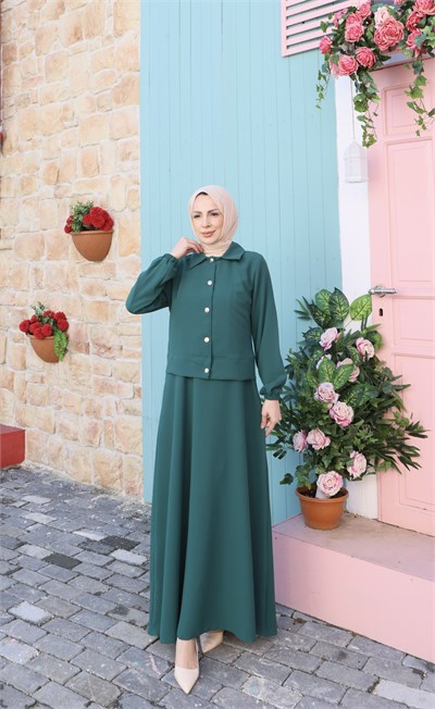 Ceketi Düğmeli Jile Elbise Zümrüt  HNT8590