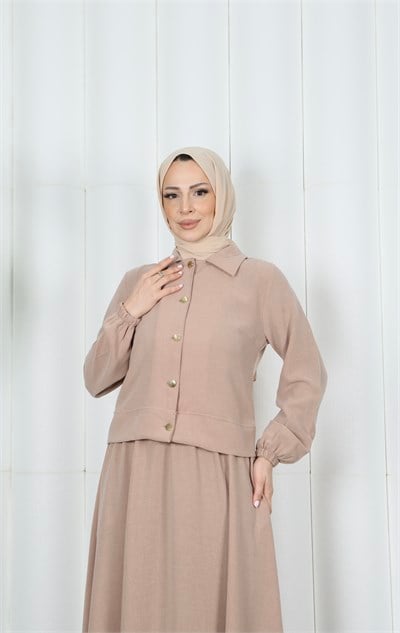 Ceketli Etekli Tesettür İkili Takım Krem   HNT8594