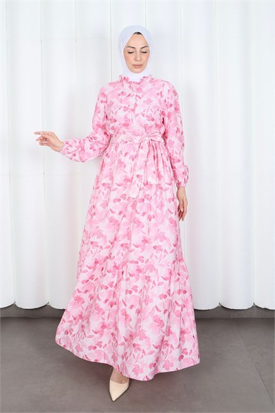 Çiçek Desenli Yarım Düğmeli Modal Desenli Elbise Pembe  7014-1