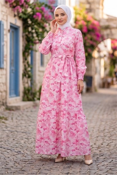 Çiçek Desenli Yarım Düğmeli Modal Desenli Elbise Pembe  7014-1