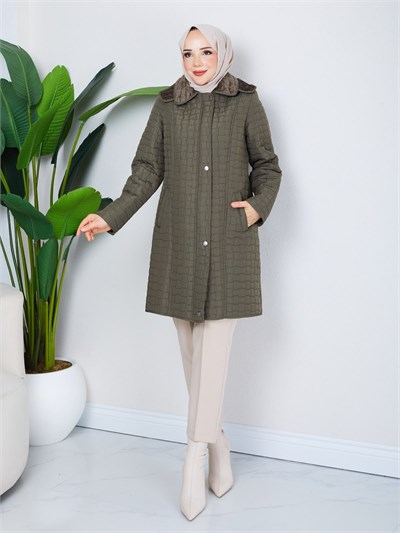 Çıkarılabilir Kapüşonlu 90  CM Kapitone Mont Haki HNT2806