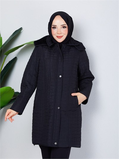 Çıkarılabilir Kapüşonlu 90  CM Kapitone Mont Siyah  HNT2806