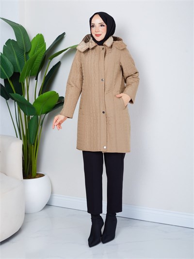Çıkarılabilir Kapüşonlu 90  CM Kapitone Mont Vizon  HNT2806