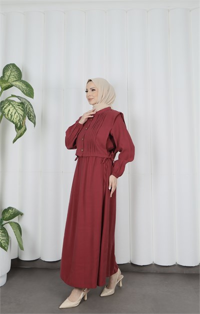 Düğme Detaylı Bolerolu  Pileli Elbise Bordo HNT7121