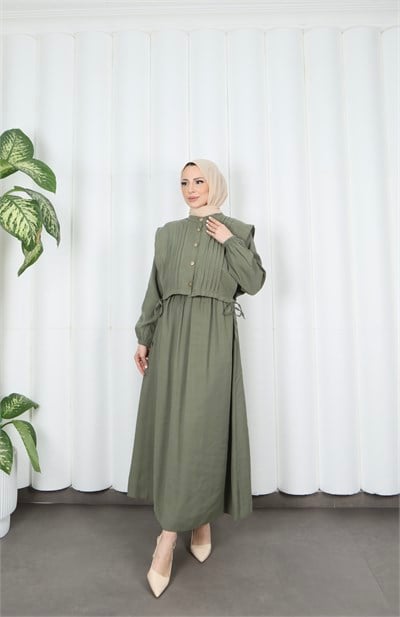 Düğme Detaylı Bolerolu  Pileli Elbise Haki HNT7121