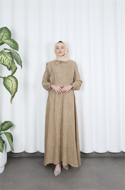 Düğme Detaylı Bolerolu Beli Lastikli Tesettür Elbise Taba   HNT8540
