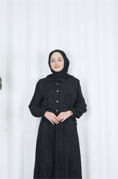 Düğme Detaylı Bolerolu Beli Lastikli Tesettür Elbise Siyah HNT8540