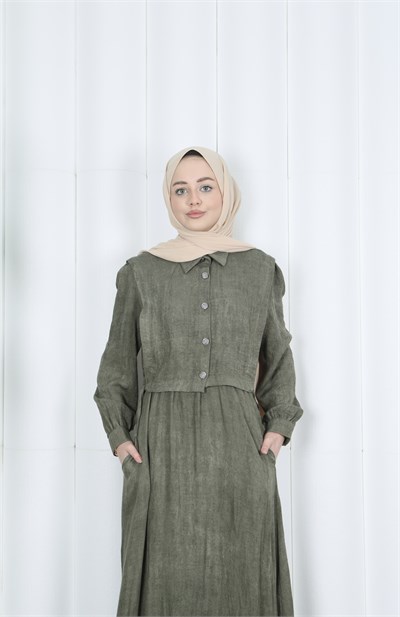Düğme Detaylı Bolerolu Beli Lastikli Tesettür Elbise Haki  HNT8540