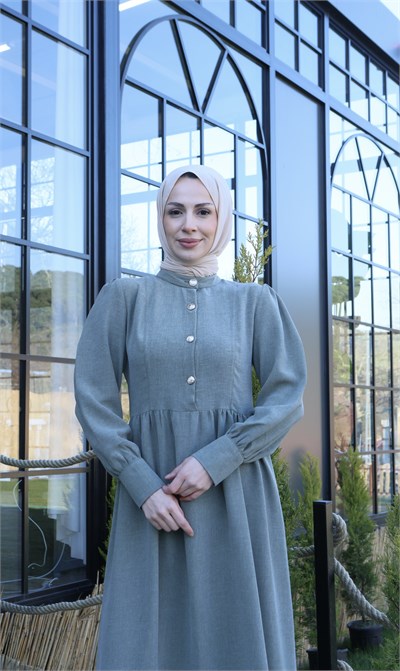 Düğme Detaylı Pileli Tesettür Elbise  Haki  HNT8528