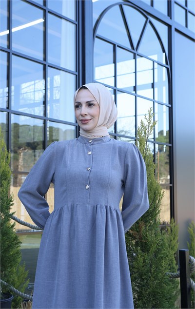 Düğme Detaylı Pileli Tesettür Elbise Açık Gri  HNT8528