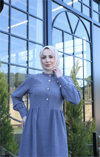Düğme Detaylı Pileli Tesettür Elbise Koyu Gri  HNT8528