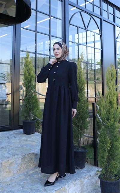 Düğme Detaylı Pileli Tesettür Elbise Siyah HNT8528