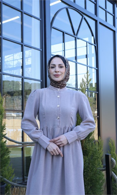 Düğme Detaylı Pileli Tesettür Elbise Vizon  HNT8528