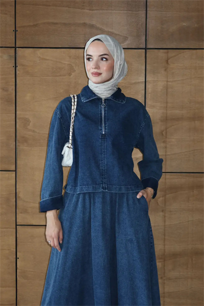 Etekli İkili Takım | Kot Denim Fermuarlı Üst & Uzun Etek