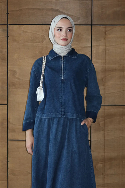 Etekli İkili Takım | Kot Denim Fermuarlı Üst & Uzun Etek