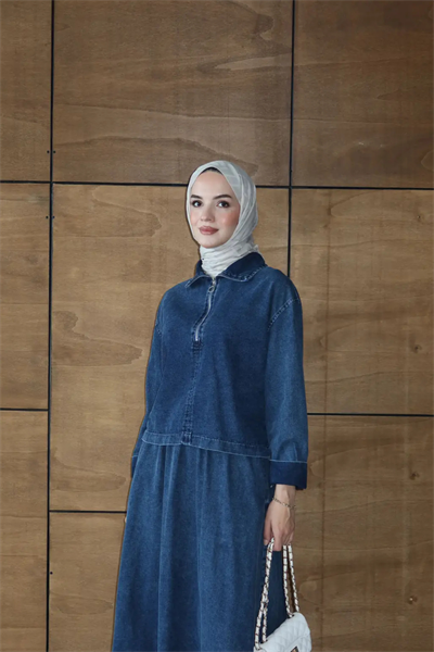 Etekli İkili Takım | Kot Denim Fermuarlı Üst & Uzun Etek