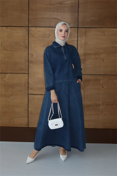 Etekli İkili Takım | Kot Denim Fermuarlı Üst & Uzun Etek