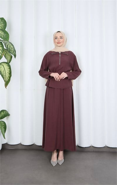Fermuar Detaylı Beli Ayarlanabilir Tesettür Etekli Takım Bordo  HNT8598