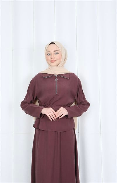 Fermuar Detaylı Beli Ayarlanabilir Tesettür Etekli Takım Bordo  HNT8598