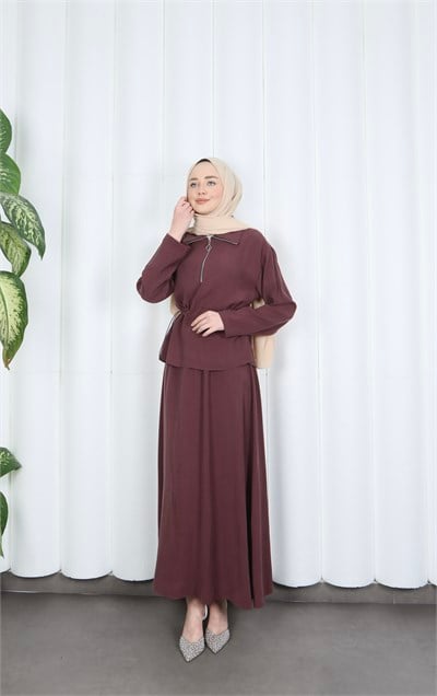 Fermuar Detaylı Beli Ayarlanabilir Tesettür Etekli Takım Bordo  HNT8598