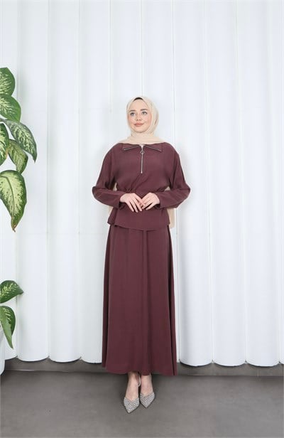 Fermuar Detaylı Beli Ayarlanabilir Tesettür Etekli Takım Bordo  HNT8598