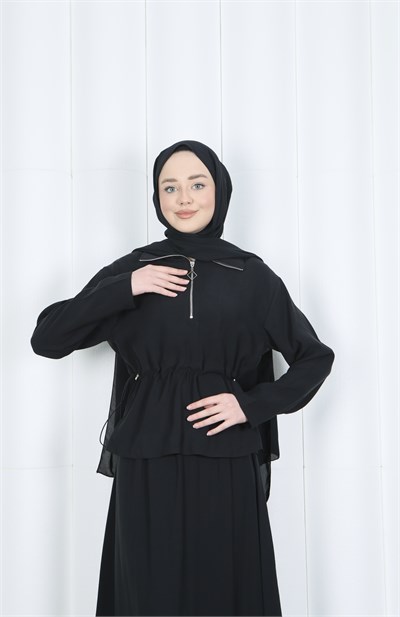 Fermuar Detaylı Beli Ayarlanabilir Tesettür Etekli Takım  Siyah HNT8598