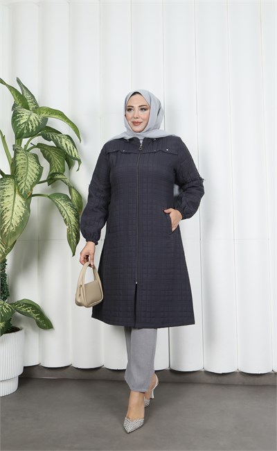Fermuarlı Kapitone  Uzun Kap KOYU GRİ HNT8581