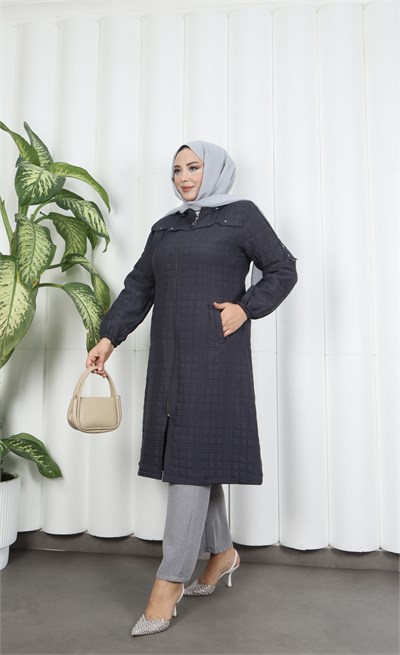 Fermuarlı Kapitone  Uzun Kap KOYU GRİ HNT8581