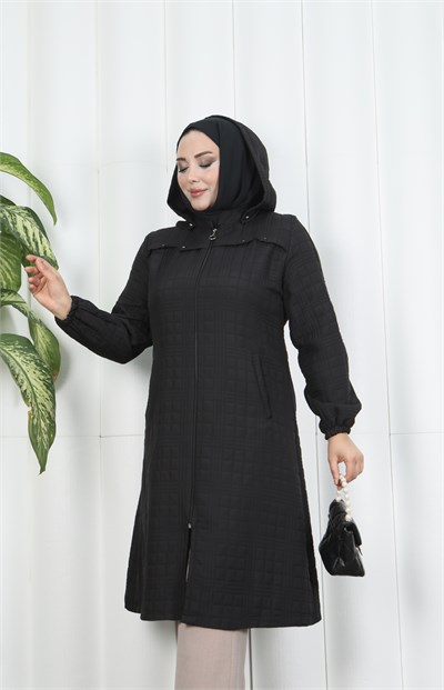 Fermuarlı Kapitone  Uzun Kap Siyah HNT8581