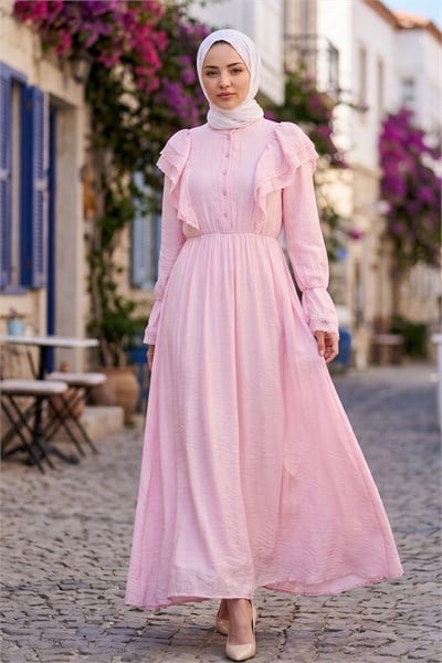 Fırfır Dantelli  Modal Astarlı Tül Elbise Pembe  HNT8618