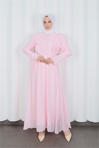 Fırfır Dantelli  Modal Astarlı Tül Elbise Pembe  HNT8618