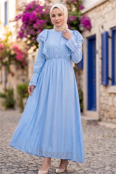 Fırfır Dantelli  Modal Astarlı Tül Elbise Bebe Mavisi  HNT8618